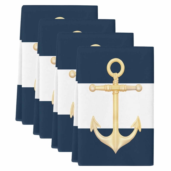 Yellow Anchor Nautical Kitchen Towels Set of 4, Absorbent Microfiber Dish Tea Towels with Hanging Loop, Navy Blue White Striped Resuable Hand Towel for Home Kitchen Cooking Cleaning 18"x28"
