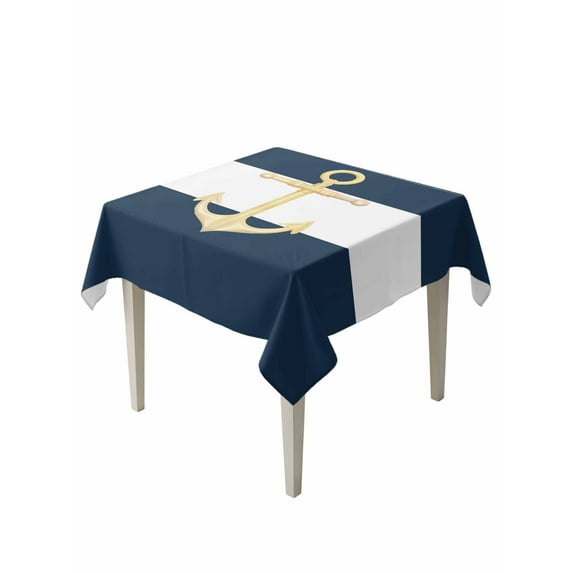 Yellow Anchor Nautical Table Cloth, Navy Blue White Striped Waterproof Tablecloth for Square Tables, Reusable Washable Fabric Table Cover for Restaurant Kitchen Dining Tables 54"x54"