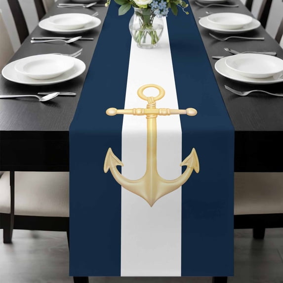 Yellow Anchor Nautical Table Runner 48 Inches Long, Navy Blue White Striped Kitchen Coffee Dining Table Decoration for Home Party Birthday Wedding Home Decor 13x48 Inches