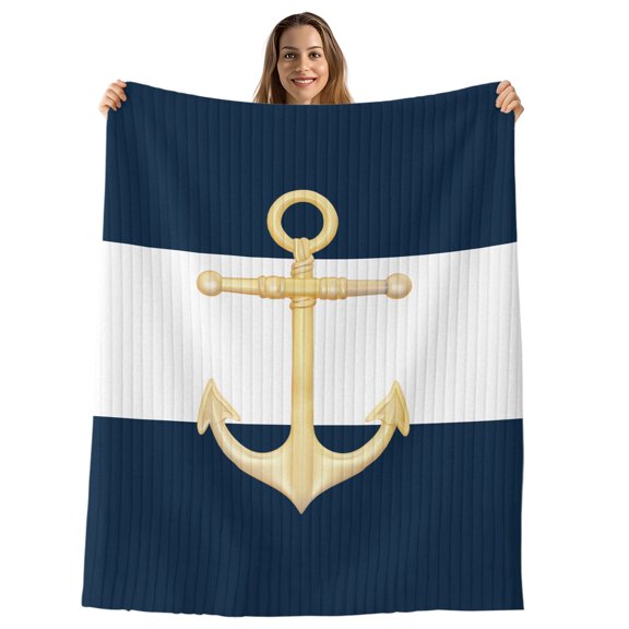 Yellow Anchor Nautical Throw Blanket, Flannel Fleece Blanket with Striped Design for Couch, Navy Blue White Striped Soft Breathable All Season Plush Blankets for Sofa Office Chair 30"x40"