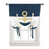 Yellow Anchor Nautical Tie Up Curtains for Window, Navy Blue White Striped Thermal Insulted Balloon Shade Adjustable Rod Pocket Curtains Valance Panels for Kitchen Bathroom Café 46 x 63