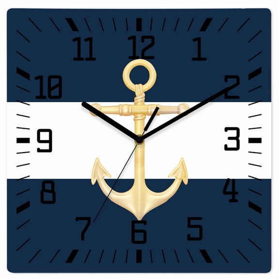 Yellow Anchor Nautical Wooden Wall Clock Silent Non Ticking, Navy Blue White Striped Square Wall Clocks Battery Operated, Decor Clock for Home Office, Living Room, Kitchen, 10 Inch