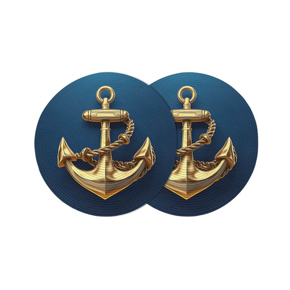 Yellow Anchor Round Placemats Set of 2 for Dinning Tables,Heat-proof Braided Table Mats 13 Inch,Coastal Nautical Anchor Navy Blue Washable Place Mat for Kitchen Restaurant Party Decor Table Setting