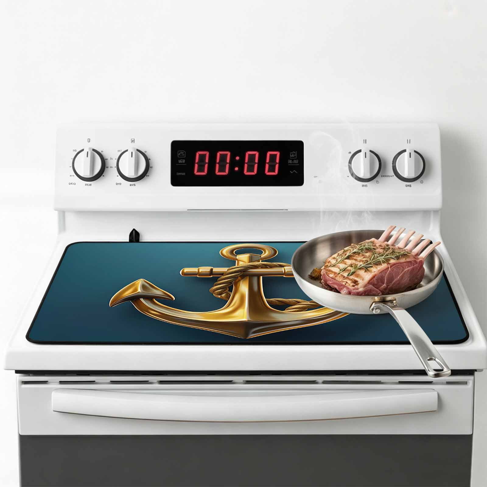Yellow Anchor Stove Top Cover for Electric Stove, Heat-proof & Non Slip Glass Top Stove Cover Protector, Coastal Nautical Anchor Turquoise Kitchen Flat Cooktop Rubber Mat 24x21 Inches