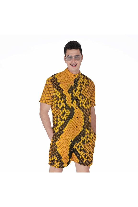 Yellow And Black Snakeskin Short Sleeve Men'S Rompers, Snakes Python Casual Summer Jumpsuits Outfit