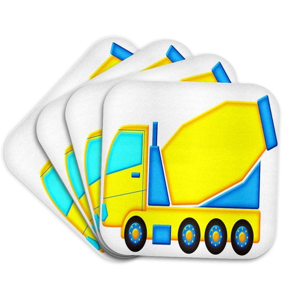 3drose, Yellow and Blue Cement Truck Illustration, Set of 4 Coasters - Soft
