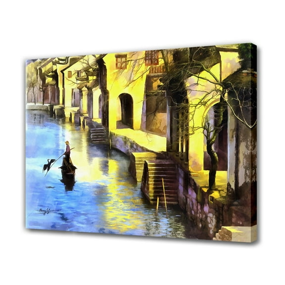 Yellow And Blue Water Village Oil Painting Canvas Poster Bedroom Decor Sports Landscape Office Room Decor Gift,Frame-style,20x30inch(50x75cm)