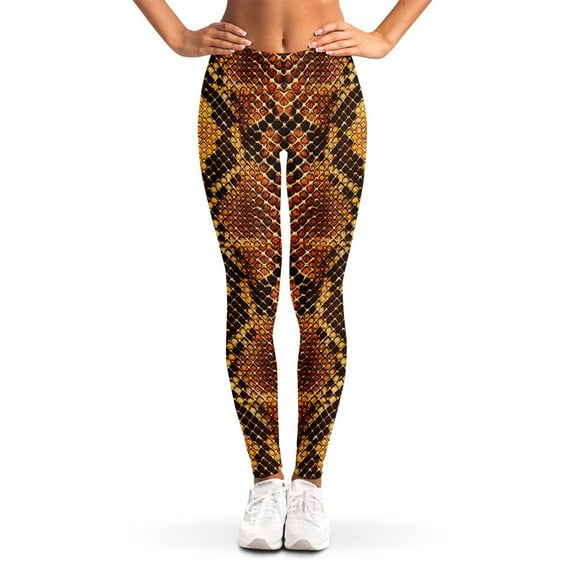 Yellow And Brown Snakeskin Print Leggings, Python Snake Sexy Yoga Leggings For Women.