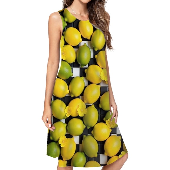 Yellow And Green Lemon Pattern Spring Summer Dresses For Women Fashion Dress Casual Sleeveless Loose Sundress With Pockets
