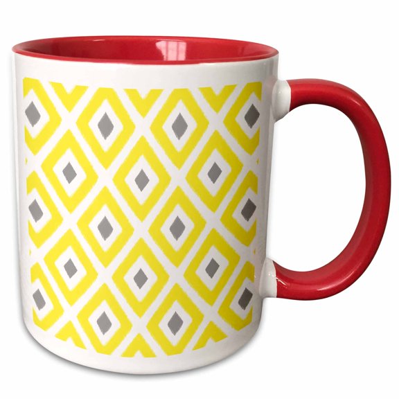 3drose, Yellow and Grey Ikat Diamond Pattern, 15oz Two-tone Red Mug
