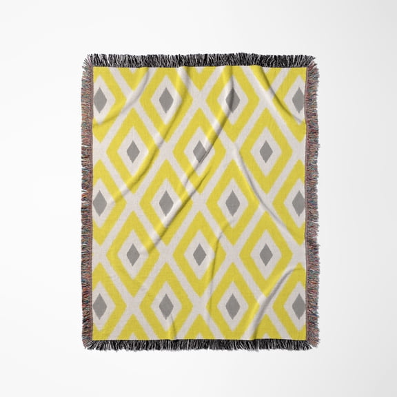 Yellow And Grey Ikat Diamond Pattern, Woven Blanket