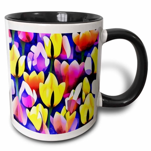 3drose, Yellow and Pink Tulips Colorful Spring Art, 15oz Two-tone Black Mug