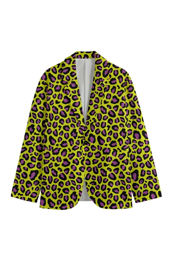 Yellow And Purple Leopard Pattern Print Men'S Blazer, Wide Animal Fun Novelty Blazer