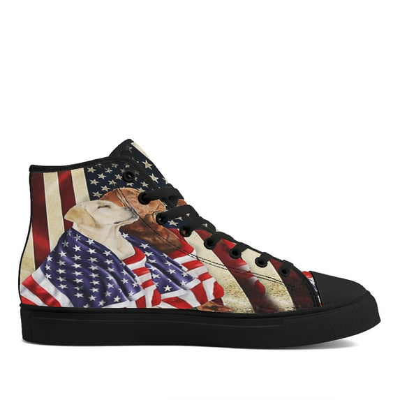 Yellow And Red Fox Labrador Retriever American flag Patriot With Lovely Retrievers Dog High Top Canvas Shoes Sneakers Black Size 9.5