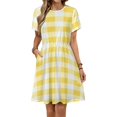 thumbnail image 1 of Yellow And White Check Pattern Dress Fashion Beach Short Sleeve Dresses Female Party Printed Sundress, 1 of 7