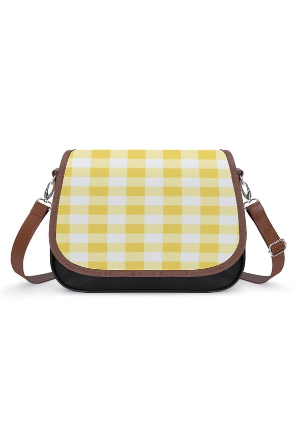 Yellow And White Check Pattern Vintage Crossbody Bag for Women Medium Leather Hobo Bags Shoulder Bag Classic City Leather Satchels