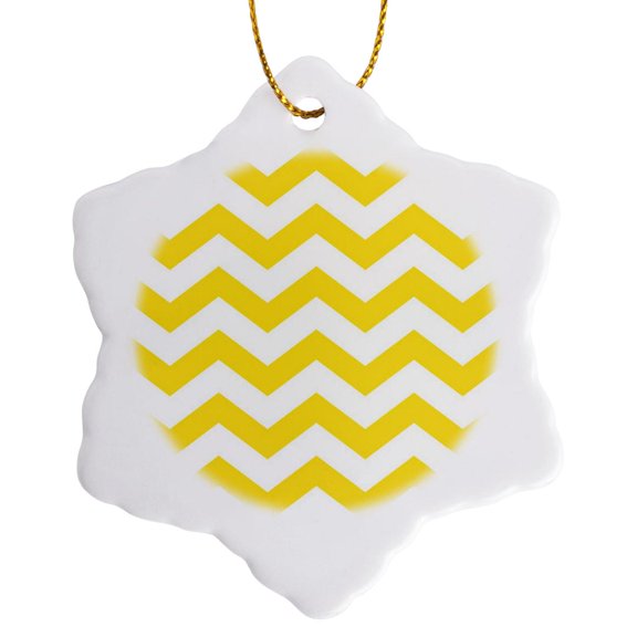 3drose, Yellow and White Chevron, 3 inch Snowflake Porcelain Ornament