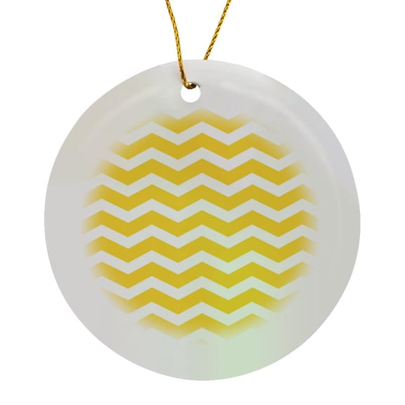 3drose, Yellow and White Chevron Zig Zag Pattern - Modern Contemporary Zigzag Stripes - Trendy Zig Zags, Circle Porcelain Ornament