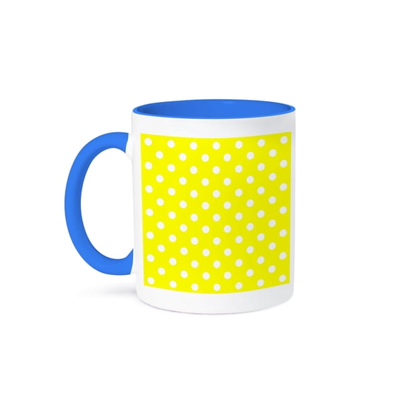 3dRose, Yellow and White Polka Dot Print, 15oz Two-Tone Blue Mug