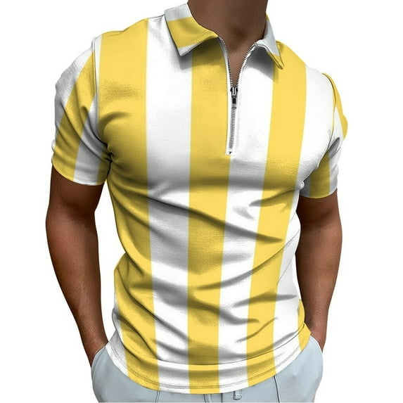 Yellow And White Vertical Stripes Men Zipper T-shirt Summer Casual Short Sleeve T-shirt Top