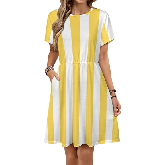 Yellow And White Vertical Stripes Sundress Short Sleeve Dress Summer Women Clothes Dress for Women Dresses