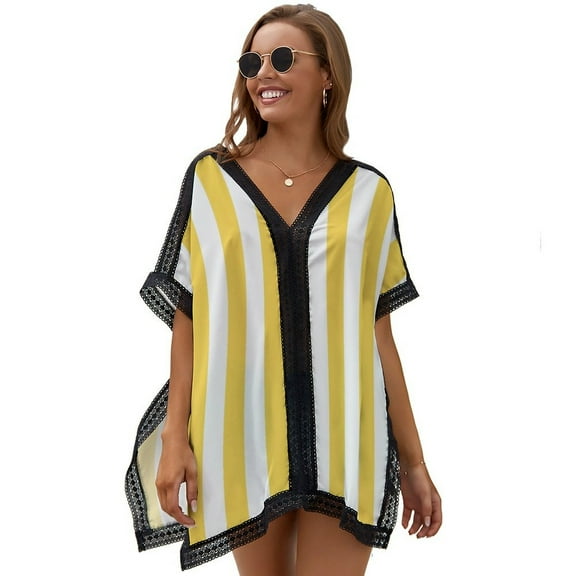Yellow And White Vertical Stripes Women's Swimsuit Coverup Summer Beach Cover Up Bathing Suit Dress