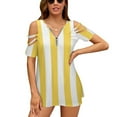 thumbnail image 1 of Yellow And White Vertical Stripes Womens Summer V Neck Zipper Top Short Sleeve T Shirt Off Shoulder Top Casual Classy Loose Shirts, 1 of 7