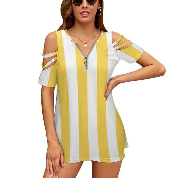 Yellow And White Vertical Stripes Womens Summer V Neck Zipper Top Short Sleeve T Shirt Off Shoulder Top Casual Classy Loose Shirts