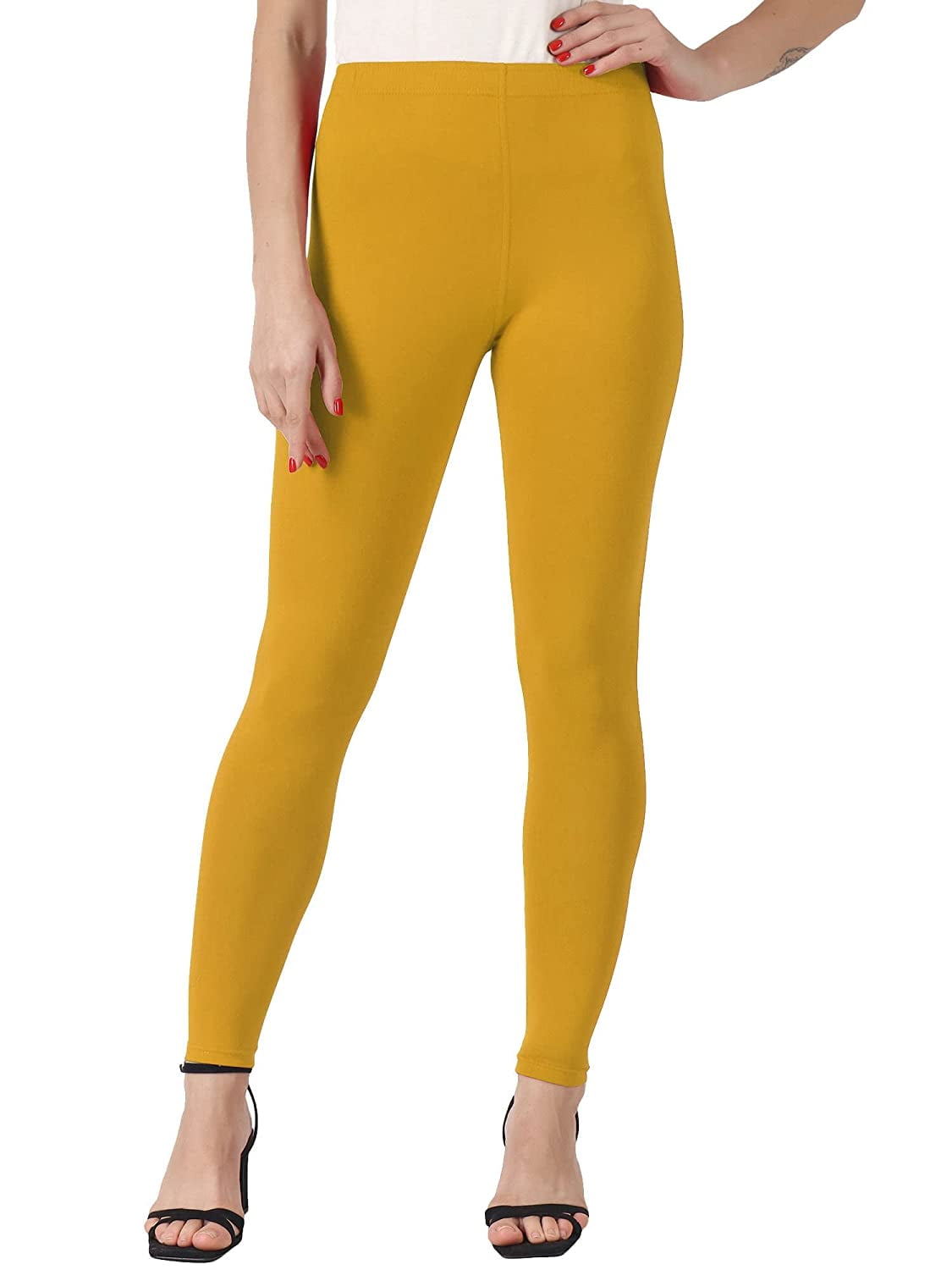 Yellow Ankle Length Premium Cotton Leggings for Women and Girls