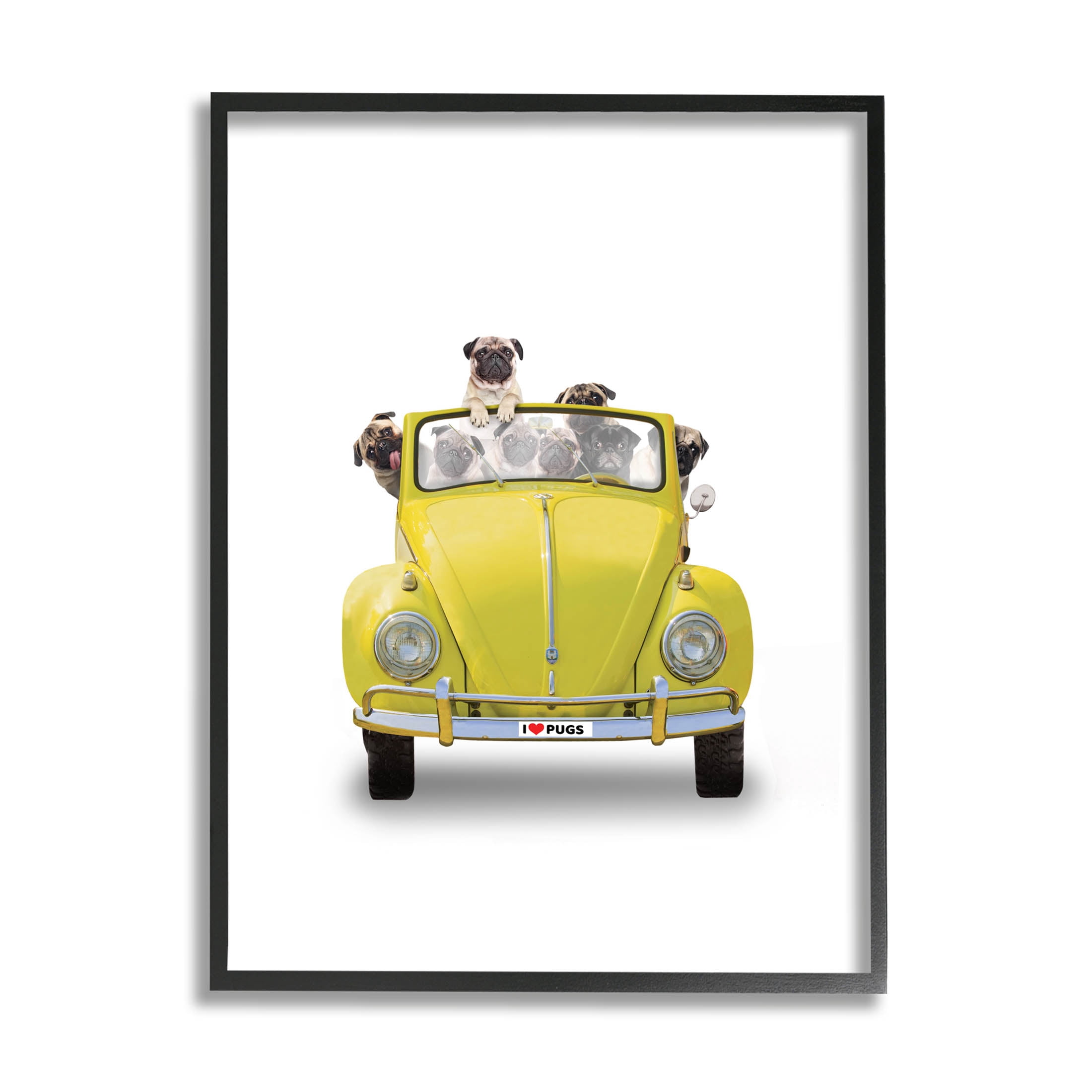 Yellow Antique Car Love Pugs Animals & Insects Graphic Art Black Framed Art Print Wall Art