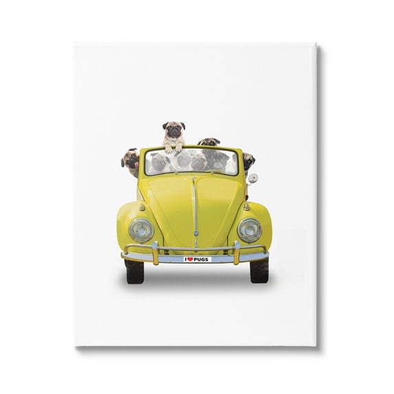 Yellow Antique Car Love Pugs Animals & Insects Graphic Art Gallery Wrapped Canvas Print Wall Art