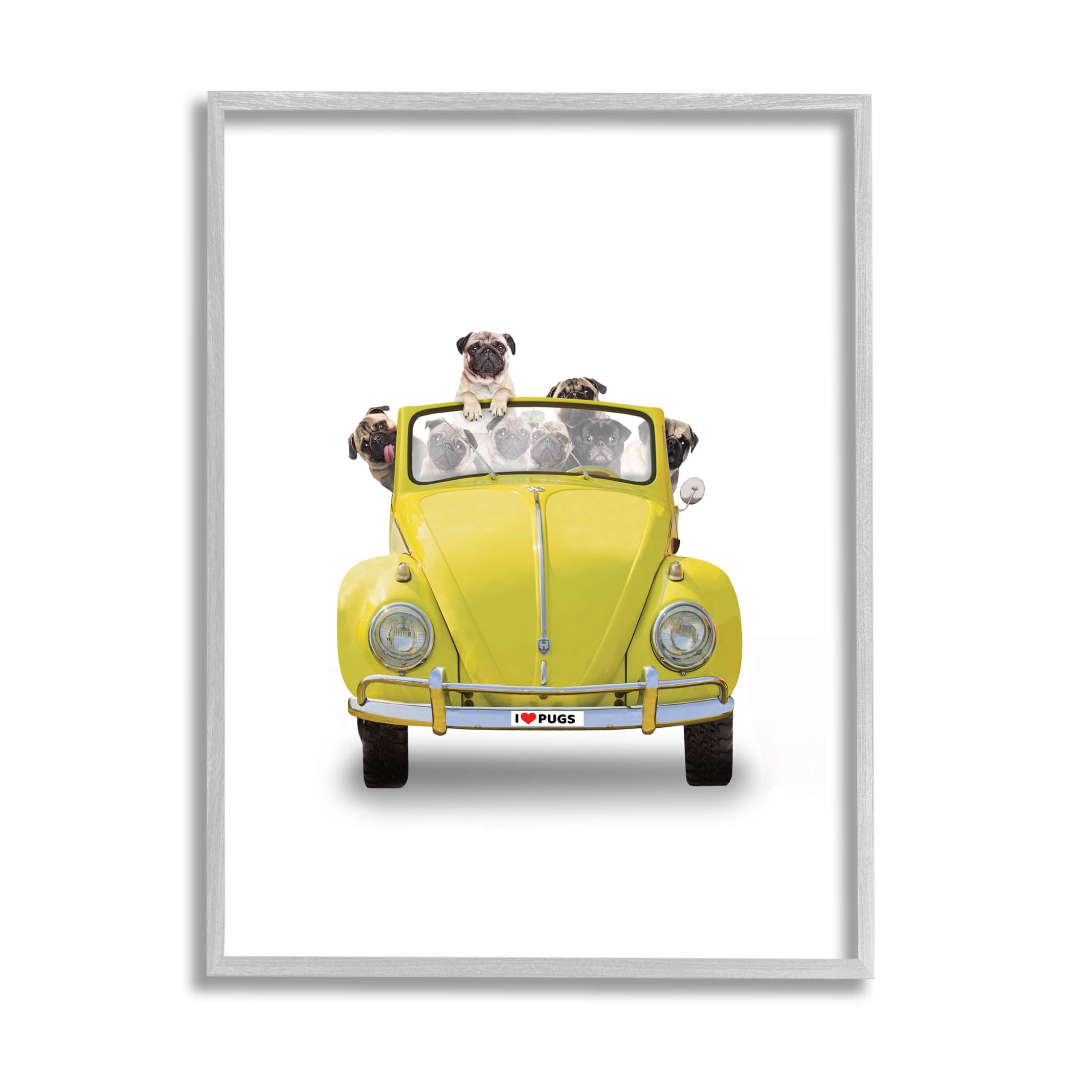 Yellow Antique Car Love Pugs Animals & Insects Graphic Art Gray Framed Art Print Wall Art