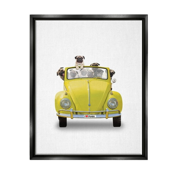 Yellow Antique Car Love Pugs Animals & Insects Graphic Art Jet Black Framed Art Print Wall Art