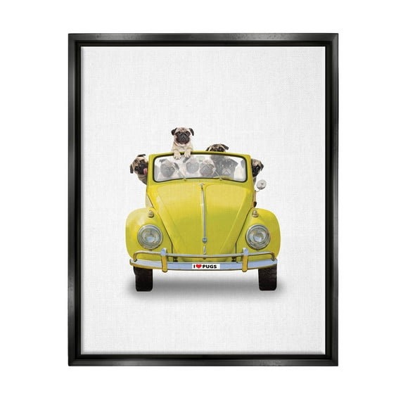 Yellow Antique Car Love Pugs Animals & Insects Graphic Art Jet Black Framed Art Print Wall Art