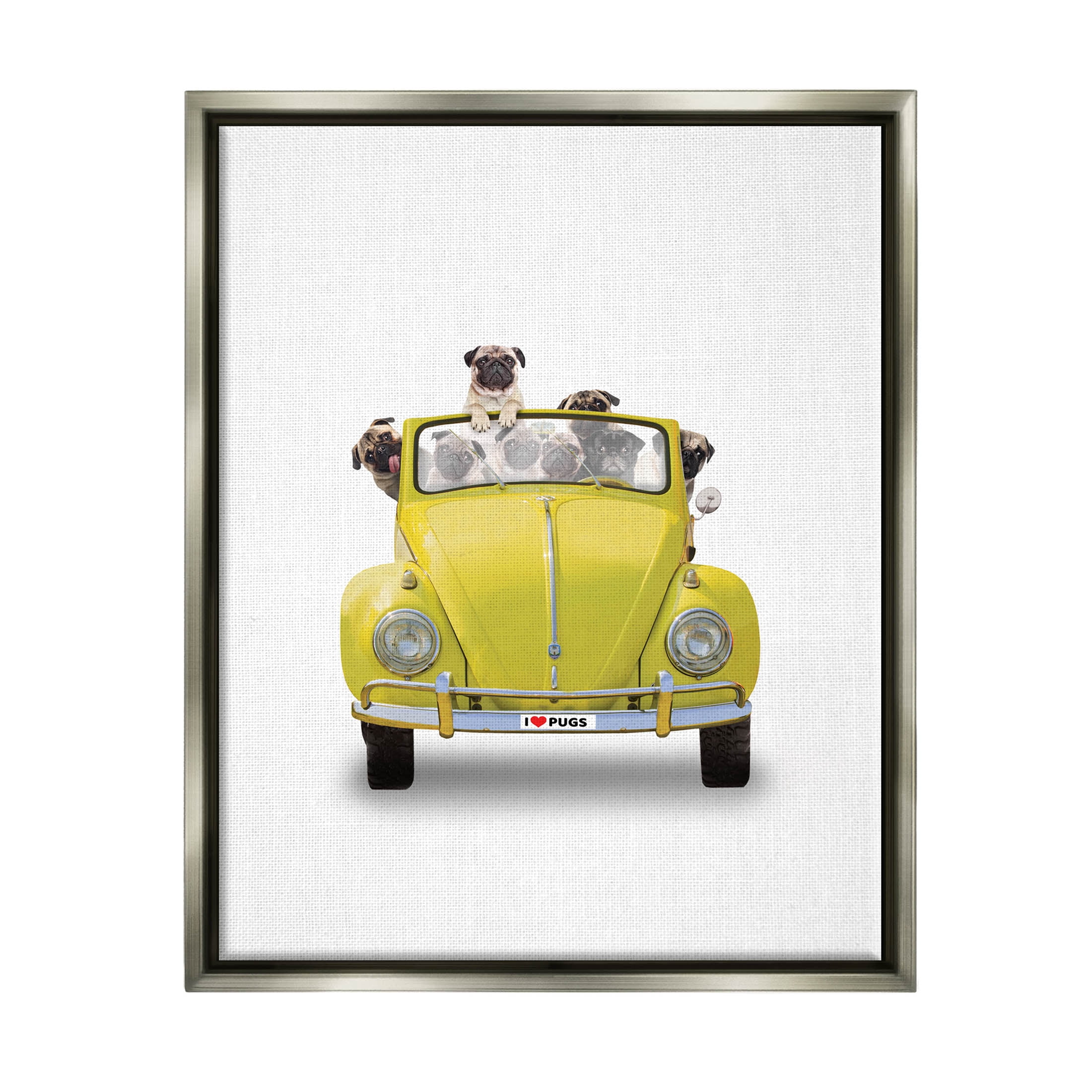 Yellow Antique Car Love Pugs Animals & Insects Graphic Art Luster Gray Framed Art Print Wall Art