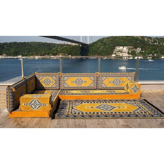 Yellow Arabic Majlis, Floor Cushion Seating, L Shaped Convertible Sofa, Floor Seating for Adults, Sofa Bed, Floor Cushion Seating