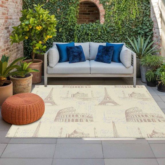Yellow Architecture Indoor Outdoor Rugs 3x5 Ft, Retro Classic Light Yellow City Outdoor Patio Rugs Mat Washable Outside Area Rugs Carpet for Porch Deck RV Camping Pool Balcony Backyard