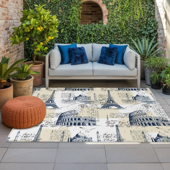 Yellow Architecture Indoor Outdoor Rugs 3x5 Ft, Retro Classic Yellow White City Outdoor Patio Rugs Mat Washable Outside Area Rugs Carpet for Porch Deck RV Camping Pool Balcony Backyard