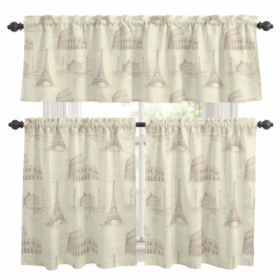 Yellow Architecture Kitchen Curtains Valance and Tier Set Retro Classic Light Yellow City Rod Pocket Short Curtains for Small Window 3 Pieces Set for Bedroom Bathroom Cafe (54" x 18"+27" x 24")