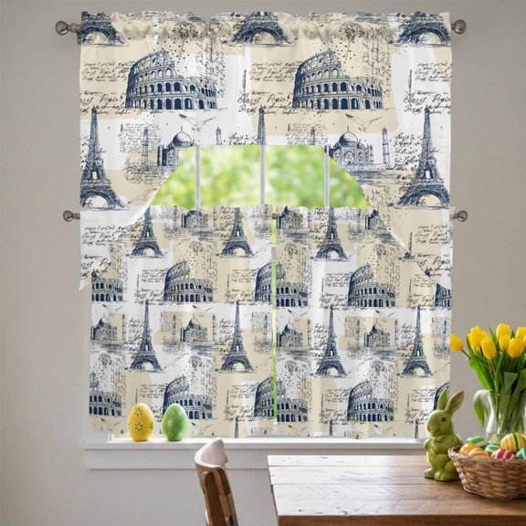 Yellow Architecture Swag Curtains Valance & Tier Set, Retro Classic Yellow White City 3 Pcs Set Kitchen Swag Valances and Tiers 24 Inch Length Rod Pocket Curtain Drapes for Bedroom