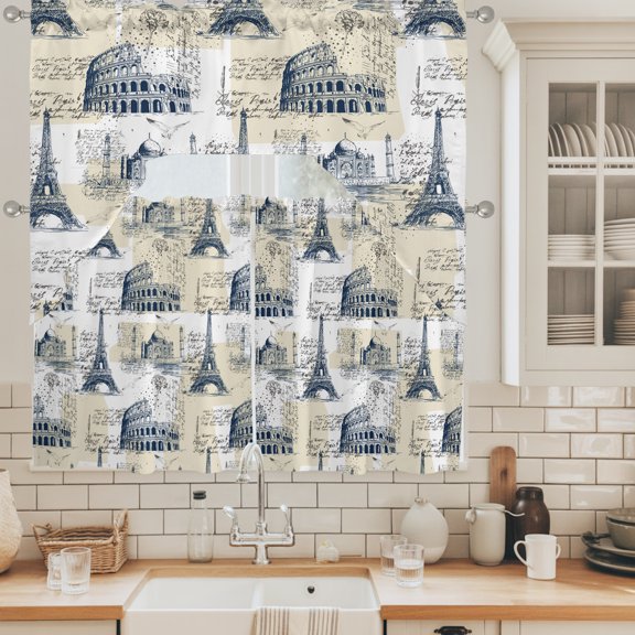 Yellow Architecture Swag Curtains Valance and Tier Set, Retro Classic Yellow White City Swag Curtains Drapes Rod Pocket for Kitchen Bathroom Small Window, 3 Pieces 56x36in+27.5x24*2