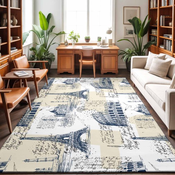 Yellow Architecture Washable Area Rug 9 x 12 ft Retro Classic Yellow White City, Soft Non Slip Rugs Stain Repellent Indoor Felt Carpet for Living Dining Room Bedroom Home Office