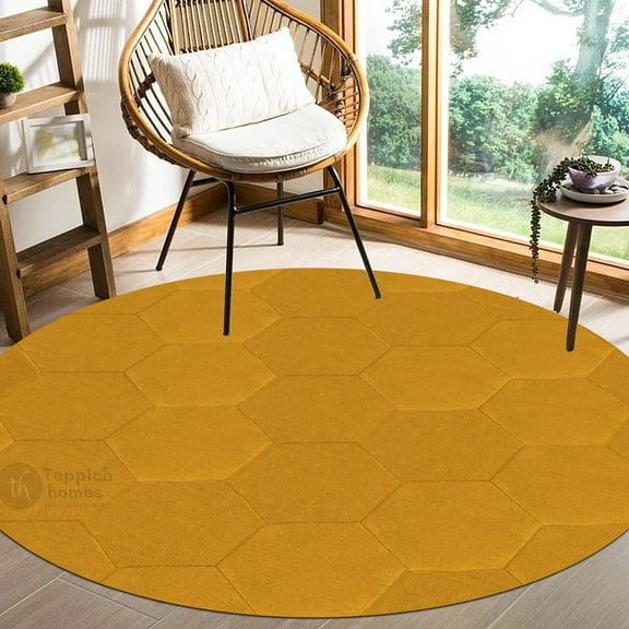 Yellow Area Rug 5X5, Geometric Carpet, Hand Tufted Rugs, Hallway, Bedroom, Round Carpet