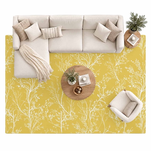 Yellow Art Area Rug 8'x10', White Tree Branch Botanical Abstract Plant ...