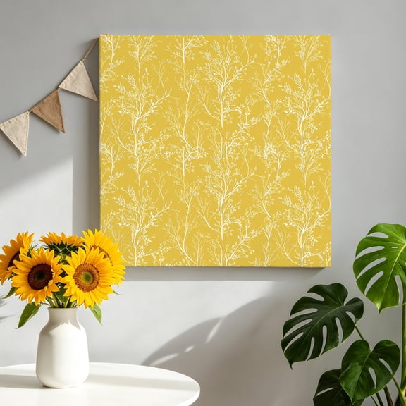Yellow Art Canvas Wall Art, White Tree Branch Botanical Abstract Plant Leaves Framed Canvas Wall Decor Picture Print Artwork Decorations for Living Room Office Ready to Hang 10" x 10"