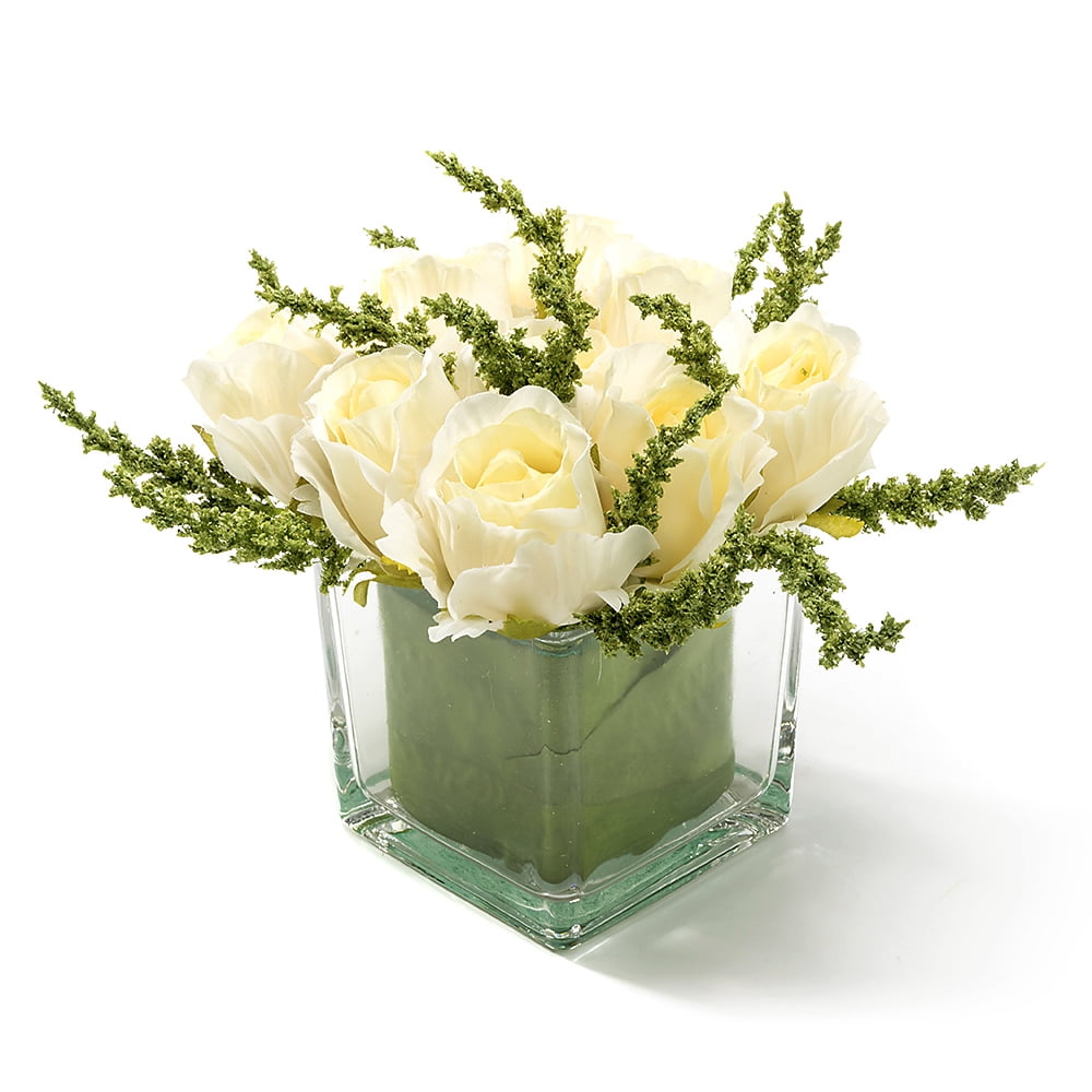 Yellow Artificial Roses Bouquet, Faux Flowers Arrangement in Crystal