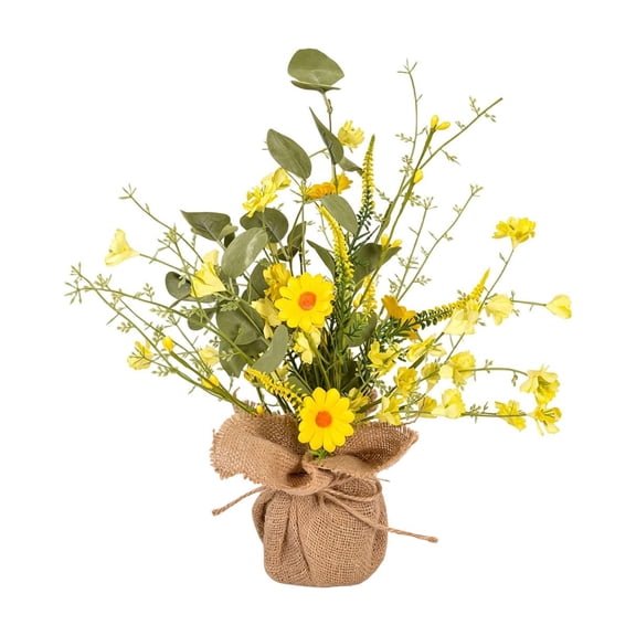 Yellow Artificial Wildflower Bouquet In Burlap Pot Fake Daisies Eucalyptus Arrangement 11.02 Inches