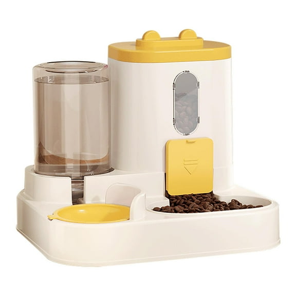 Yellow Automatic Cat Feeder With Programmable Timer And Combined Water Bowl For Dry Food Dispensing And Hydration With Large Capacity
