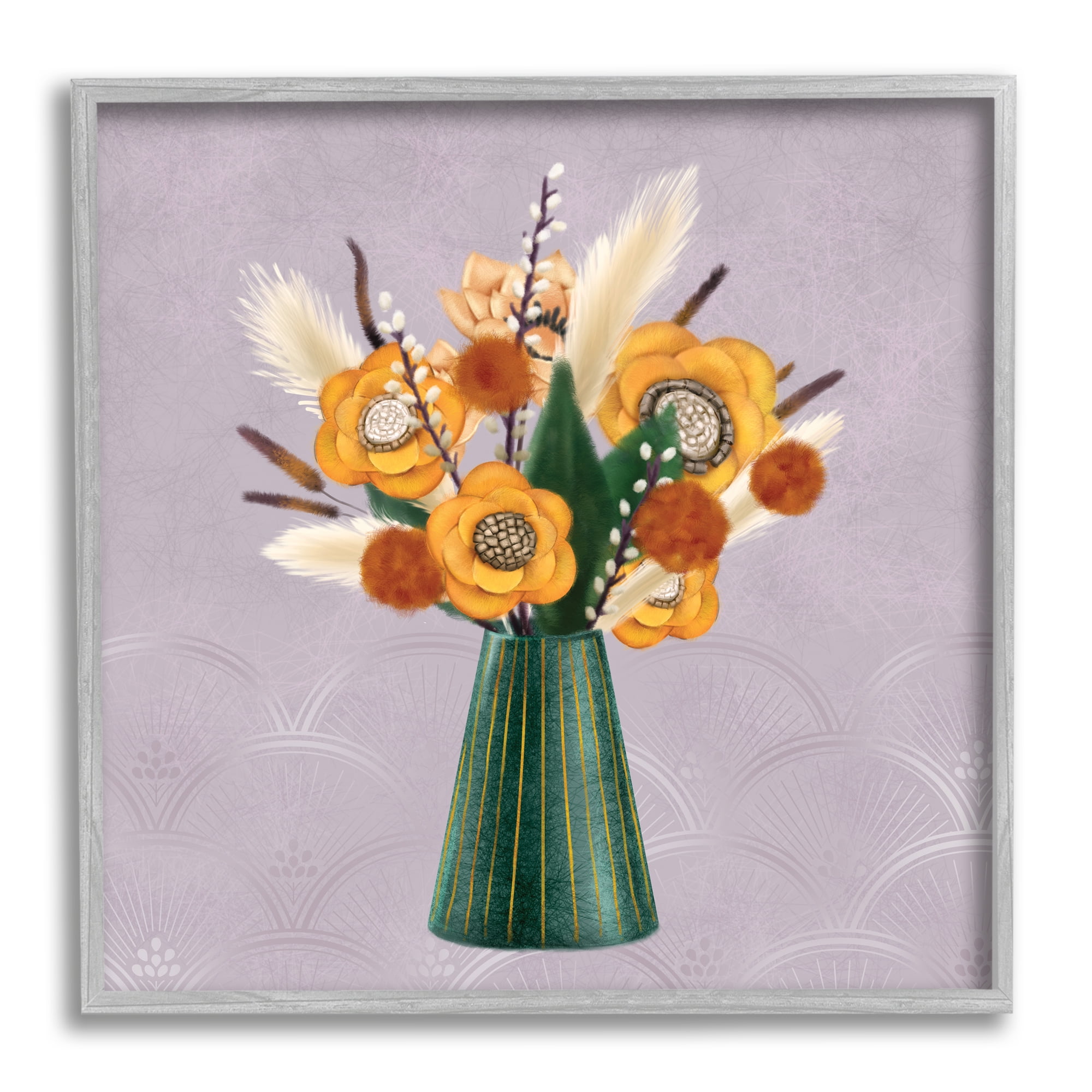 Yellow Autumn Floral Bouquet in Green Vase Botanical & Floral Framed Art Print Wall Art, 17x17
