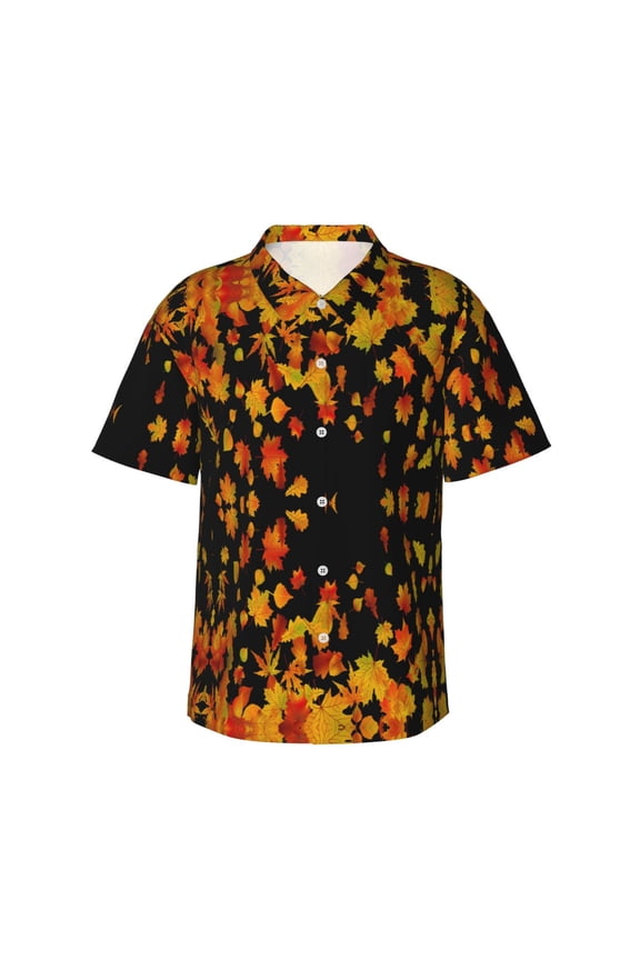 Yellow Autumn Leaves Men'S 3d Print Casual Button Down Shirts, Novelty Hawaiian Short Sleeves Xl
